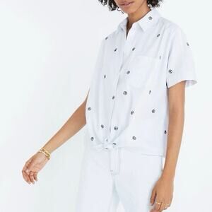 Madewell Embroidered Peace Sign Short Sleeve Tie-Front Shirt Size S